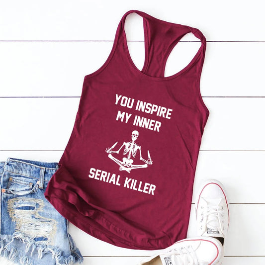 Camiseta - You Inspire My Inner Serial Killer Tank Camisetas divertidas de yoga sin mangas con esqueleto meditador para mujer