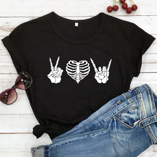 Camiseta-Peace Love Rock música divertida radiología esqueleto camiseta sarcástica mujeres manga corta gráfico Hippie gótico negro camisetas Tops