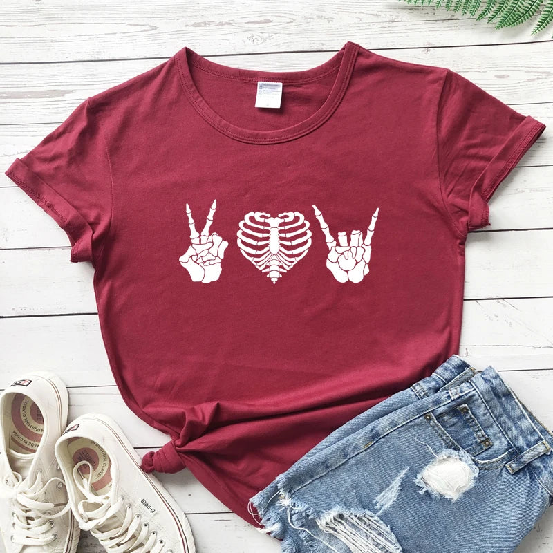 T-Shirt - Peace Love Rock Skeleton Bones