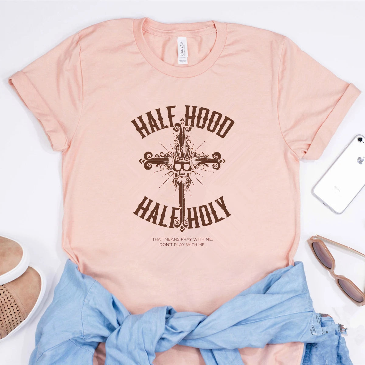 Camiseta - Media capucha, media camisa sagrada, camisa sarcástica para mujer, camiseta con gráfico de esqueleto y cruz, camisetas de estilo gótico, camisetas estéticas Vintage