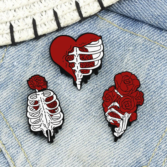 Enamel Pin - True Crime - Skeleton Rose Heart Pins