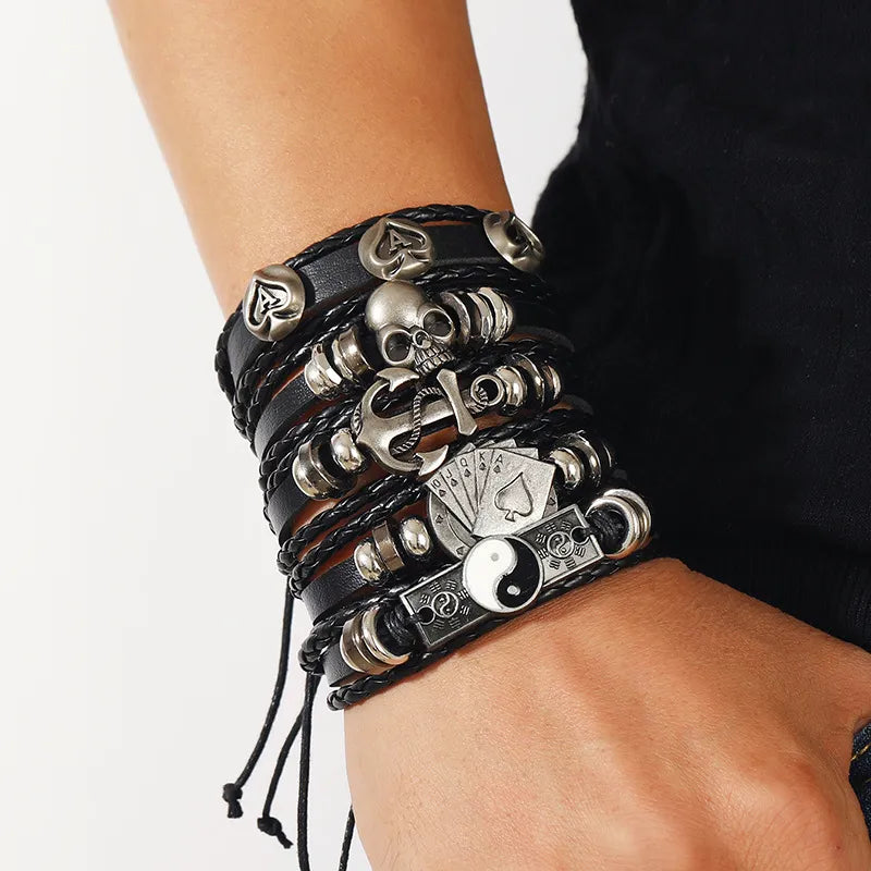 Jewelry - Horror - Gothic - True Crime - Fashion Black Skull Multi-layer Beaded Hand Leather Bracelet