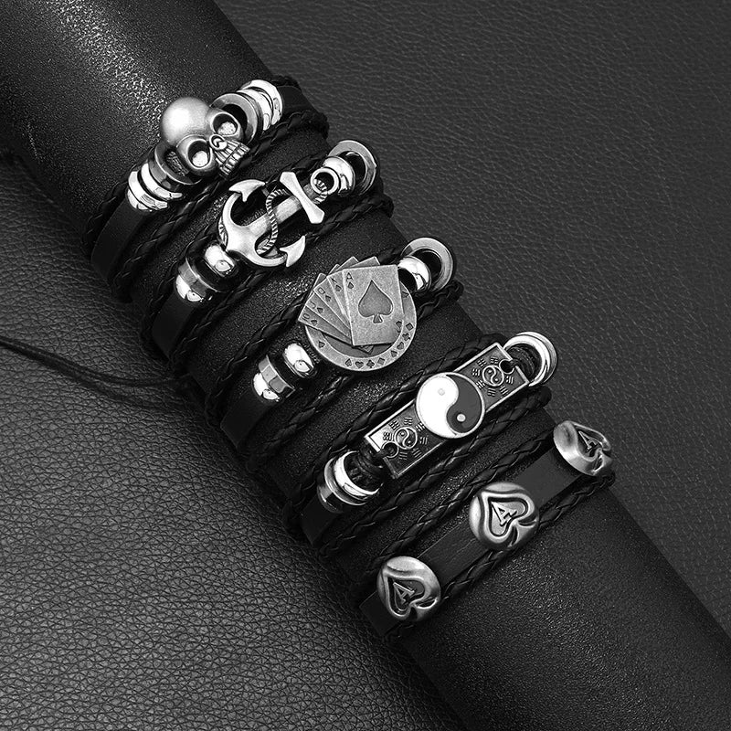 Jewelry - Horror - Gothic - True Crime - Fashion Black Skull Multi-layer Beaded Hand Leather Bracelet